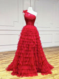 One Shoulder Tulle Lace Burgundy Long Prom Dress, Burgundy Formal Dresses