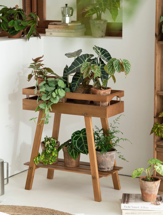 Mid-Century Modern 2-Tier Wooden Plant Stand – Tray Top Console & Display Shelf