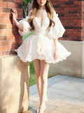Cute white long sleeve taffeta short prom dress white evening dress
