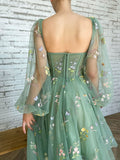 Green tulle lace tea length prom dress, green evening dress