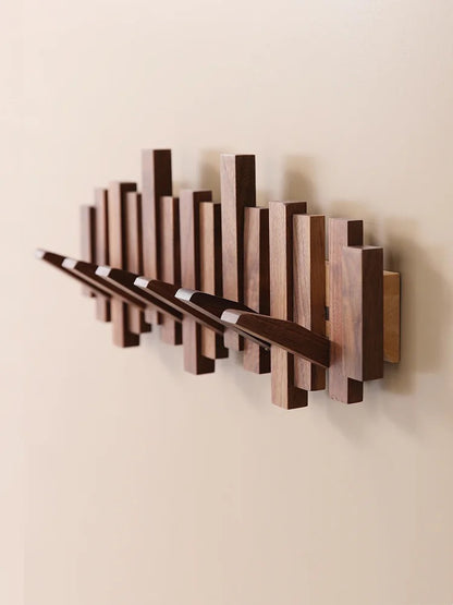 Modern Wooden Wall Hook Rack – Space-Saving Folding Coat Rack with Hidden Hooks – Stylish Walnut Wood Floating Wall Organizer
