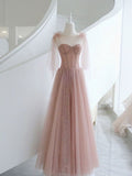 Pink A-Line Tulle Long Prom Dress, Pink Formal Graduation Dress