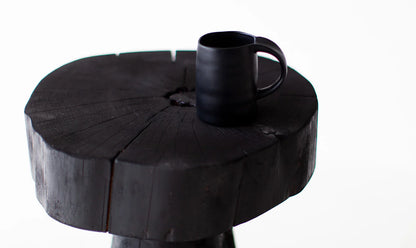 Charred Black Wood Side Table – Sculptural Solid Wood Accent Stool