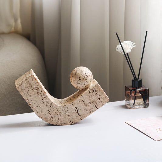 Modern Abstract Balance Sculpture – Travertine Stone Art Piece for Desk & Home Decor