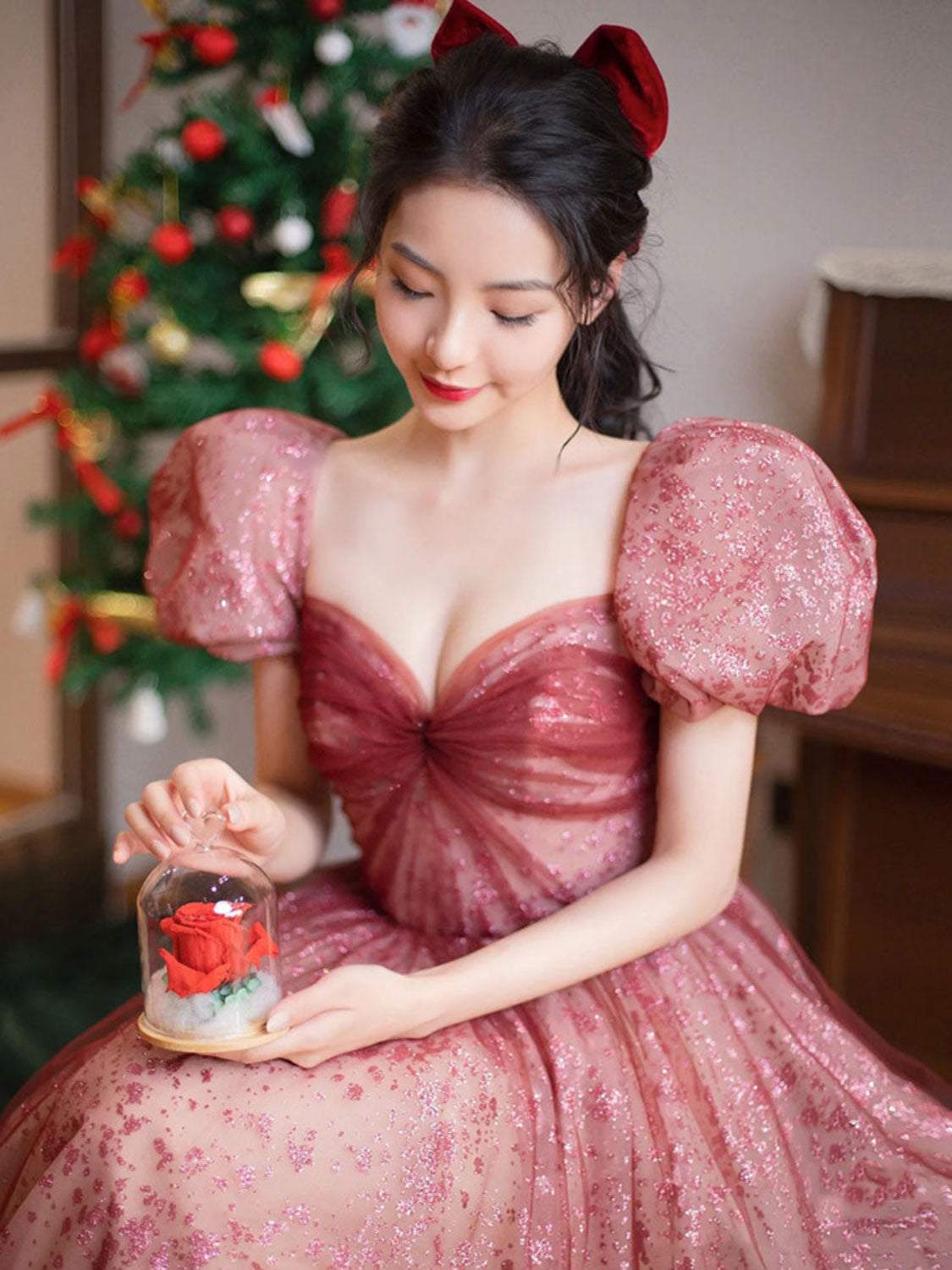 Unique sweetheart neck tulle long prom dress puff sleeves long formal dress