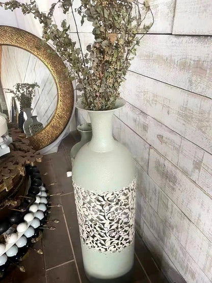 Antique-Inspired Tall Decorative Vases – Ornate Carved Metal Floor Vessels for Vintage French Country Home Decor