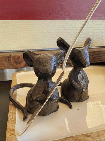 Cast Iron Mouse Figurines – Rustic Vintage Animal Sculptures for Desk or Shelf | Minimalist Industrial Home Decor Accents Set of 2