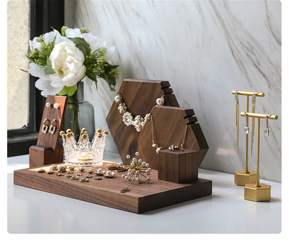 Wooden Jewelry Display Stand Set – Ring, Necklace, Earring Organizers for Retail & Home