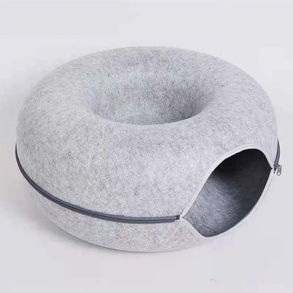 Convertible Felt Cat Cave Bed with Zipper – Modern 2-in-1 Donut Pet Hideout