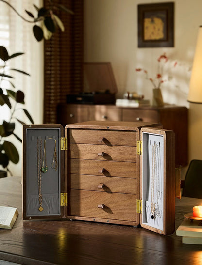 Handcrafted Walnut Jewelry Cabinet with Floral Lock