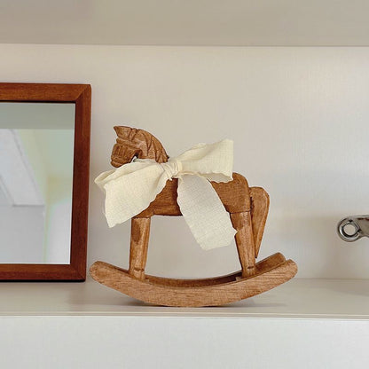 Vintage Wooden Rocking Horse Décor – Rustic Accent Piece with Ribbon