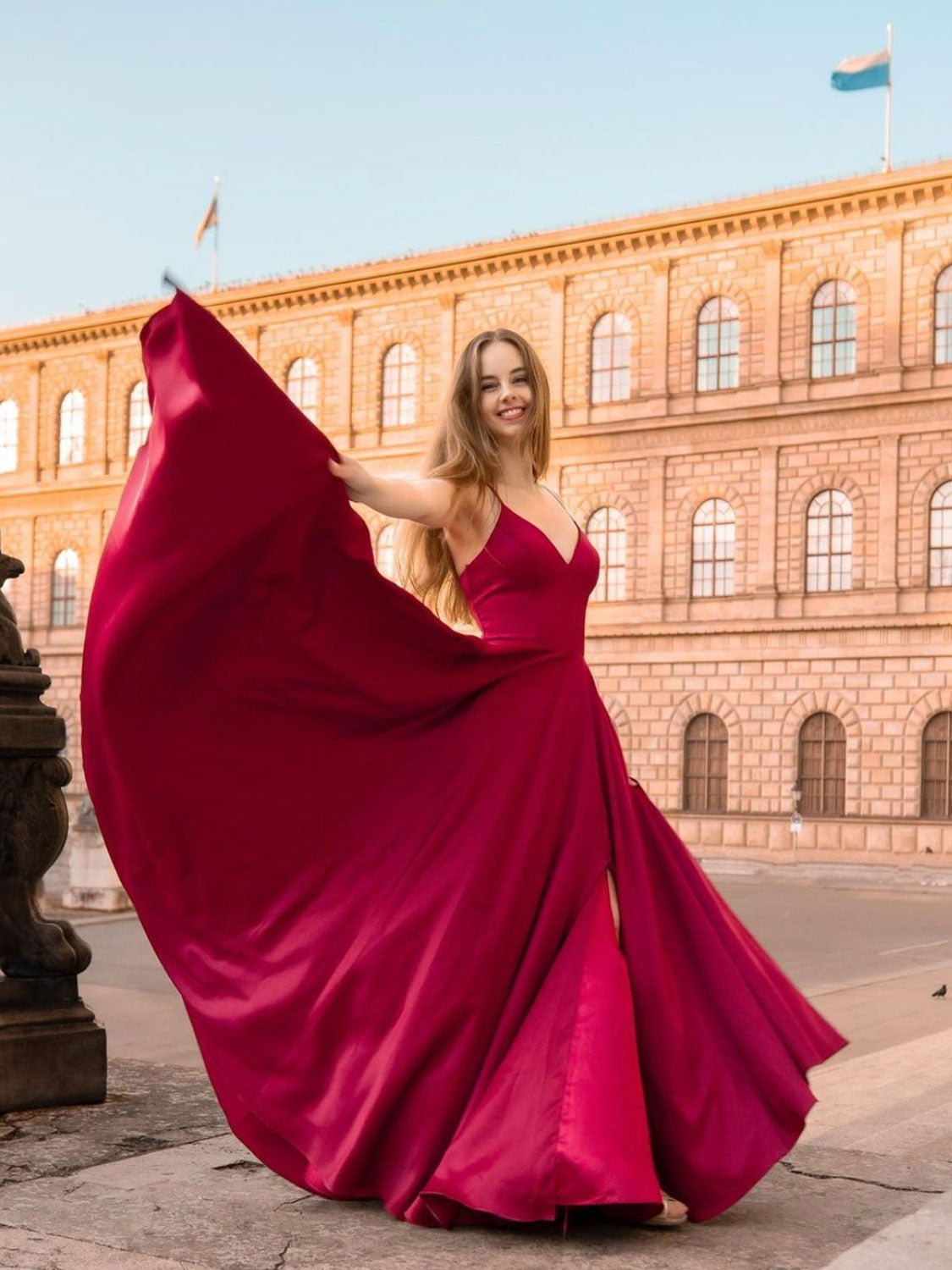 Simple v neck satin dark red long prom dress, red satin bridesmaid dress