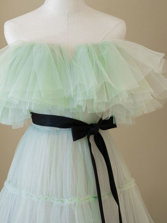 Green A line tulle long prom dress green formal dress