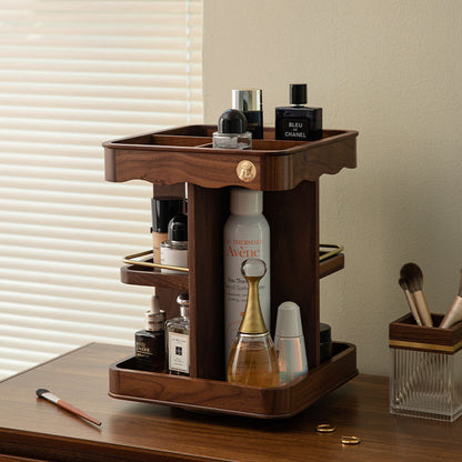 Vintage 360° Rotating Wooden Makeup Organizer – Elegant Vanity Storage with Carved Accents