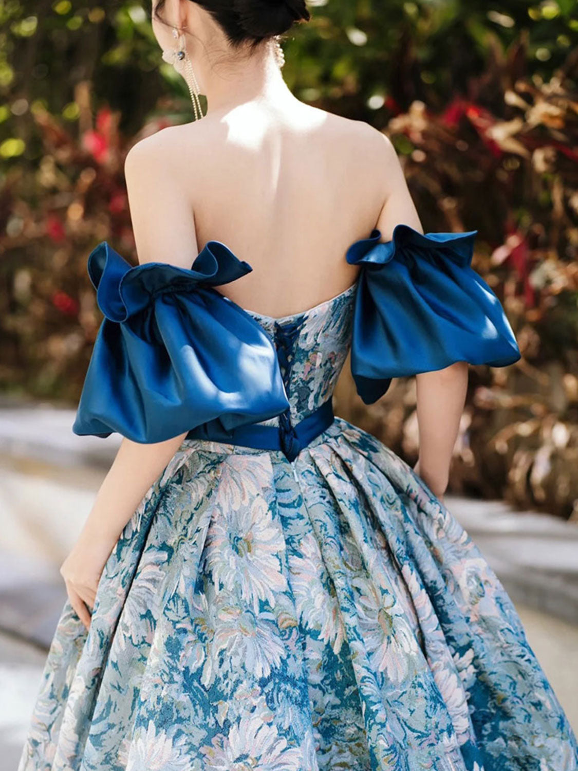 Unique A line satin long prom dress, blue evening dress