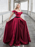 A-Line Off Shoulder Satin Burgundy Long Prom Dress, Burgundy Formal Evening Dress