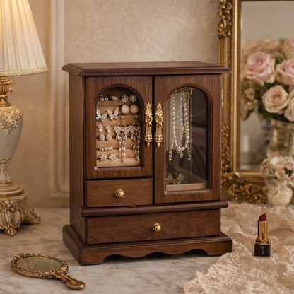 Vintage Wooden Jewelry Box Cabinet with Glass Doors
