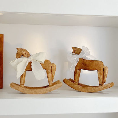 Vintage Wooden Rocking Horse Décor – Rustic Accent Piece with Ribbon
