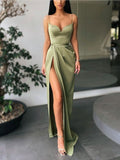 Simple satin long prom dress, green evening dress