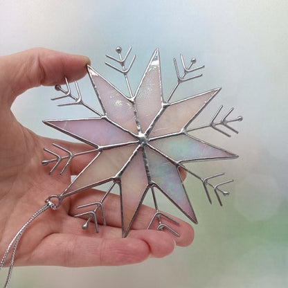Stained Glass Snowflake Ornament – Handmade Iridescent Holiday Suncatcher
