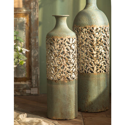 Antique-Inspired Tall Decorative Vases – Ornate Carved Metal Floor Vessels for Vintage French Country Home Decor
