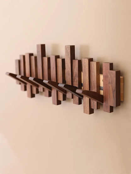 Modern Wooden Wall Hook Rack – Space-Saving Folding Coat Rack with Hidden Hooks – Stylish Walnut Wood Floating Wall Organizer