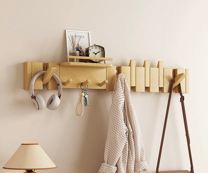 Modern Wall-Mounted Coat Rack with Shelf | Solid Wood Hook Ra