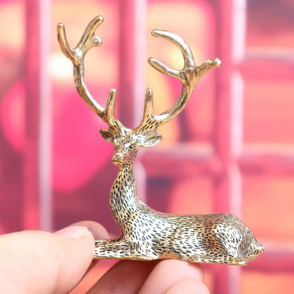 Miniature Brass Stag Figurine – Elegant Resting Deer Statue for Home & Holiday Decor