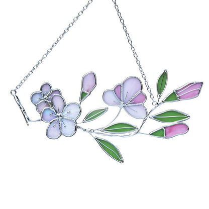 Handcrafted Stained Glass Flower Hanging | Iridescent Cherry Blossom Suncatcher with Silver/Black Frame