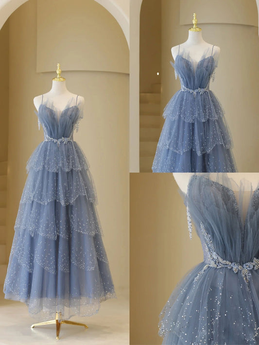 Gray blue tulle sequin beads long prom dress, blue evening dress