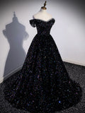 A-Line Sequin Black Long Prom Dress, Off Shoulder Black Evening Dress