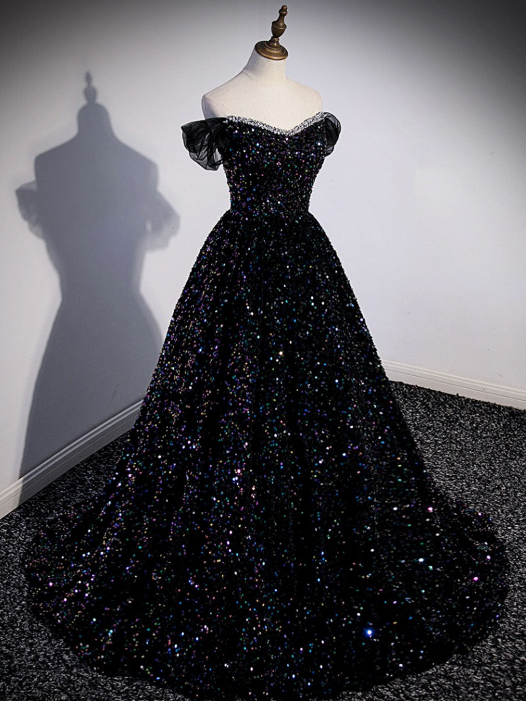 A-Line Sequin Black Long Prom Dress, Off Shoulder Black Evening Dress