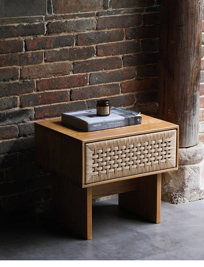 Handwoven Rope Front Wooden Nightstand – Mid-Century Natural Solid Wood Bedside Table