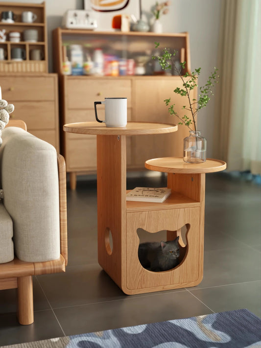 Multi-Level Wooden Side Table with Built-In Cat House – Stylish and Functional Pet-Friendly Furniture