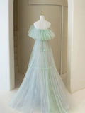 Green A line tulle long prom dress green formal dress