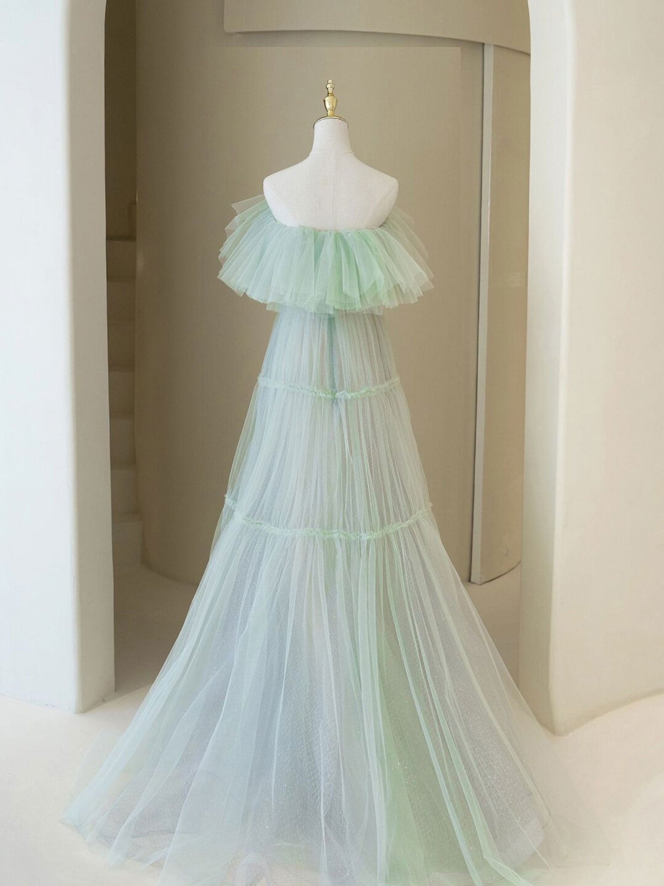 Green A line tulle long prom dress green formal dress