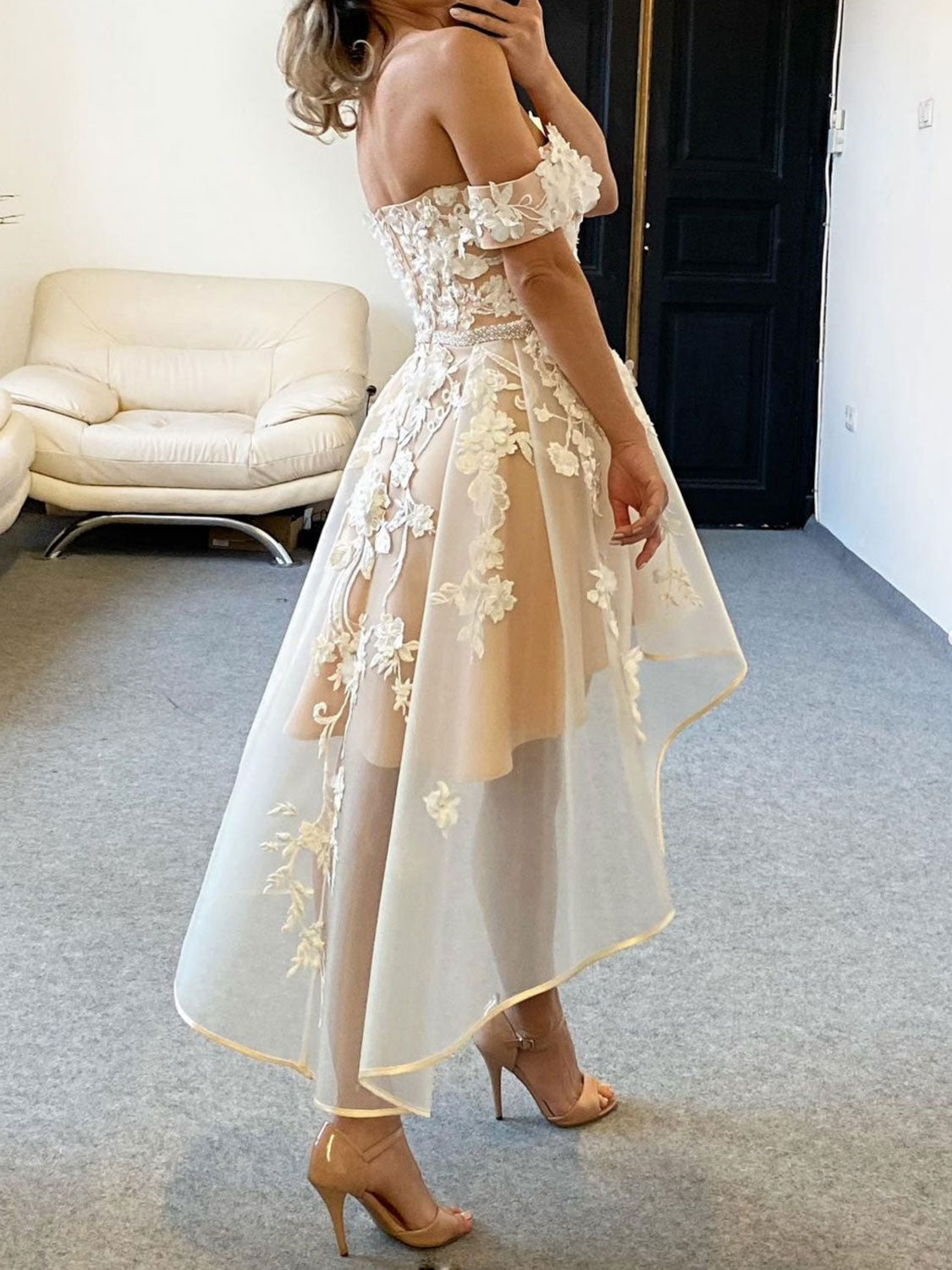 Champagne tulle off shoulder lace high low prom dress lace homecoming dress