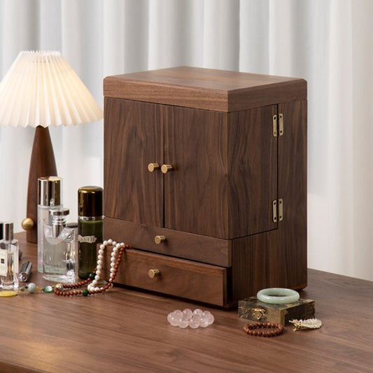 Luxury Solid Walnut Makeup Organizer Box with Drawers and Mirror – Elegant Vanity Storage Cabinet for Jewelry, Cosmetics & Beauty Essentials