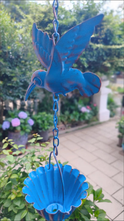 Hummingbird & Blue Flower Rain Chain 94-Inch Decorative Garden Downspout Alternative