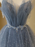 Gray blue tulle sequin beads long prom dress, blue evening dress