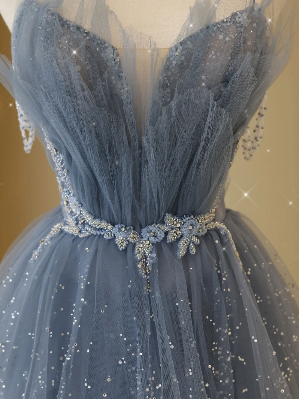 Gray blue tulle sequin beads long prom dress, blue evening dress