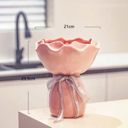Blush Bouquet Ceramic Vase – Handcrafted Ruffled Decorative Flower Pot with Silver Ribbon