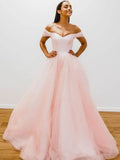 Pink off shoulder tulle long prom dress, pink A line evening dress