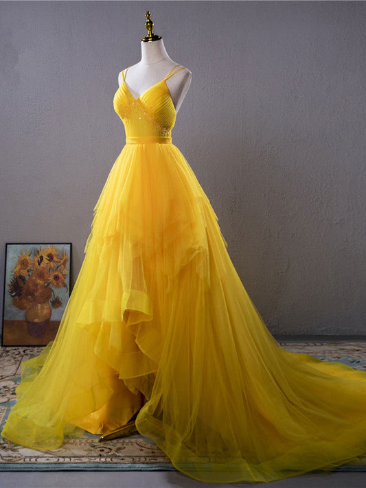 Yellow v neck high low prom dress yellow evening dress