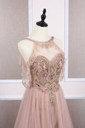 Champagne tulle beads long prom dress champagne evening dress