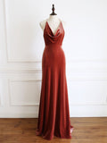Orange  V Neck Mermaid Long Prom Dress, Velvet Formal Evening Dresses