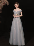 Gray Aline tulle long prom dress gray tulle formal party dress