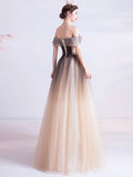 A-Line Off Shoulder Brown Long Prom Dress, Brown Tulle Formal Evening Dress
