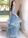 Blue V Neck Tulle Sequin Long Prom Dress, Blue Long Formal Dress