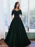 Green A line velvet long prom dress, green evening dress
